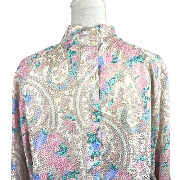 Vintage 80's Eva Laurel Pastel Floral Paisley Print Long Sleeve Mock Neck Blouse - Picture 7 of 10